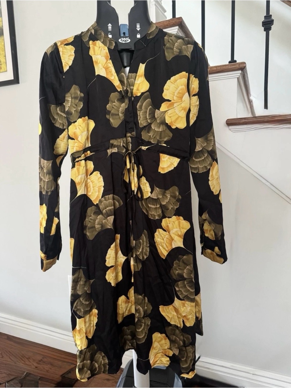 Only Black Long-Sleeve Midi Dress with Yellow Floral Print